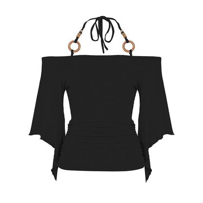 👗 LIMITED-TIME 50% OFF! ✨ Women's Off-the-Shoulder Halter Neck Top – Ring Detail, Ruched Waist, Batwing Sleeves 🌸
