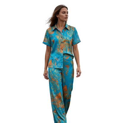 👗 LIMITED-TIME 50% OFF! ✨ Women's Casual Short Sleeve Top & Pants Set – Vibrant Print, Side Pockets, Soft Fabric 🌿