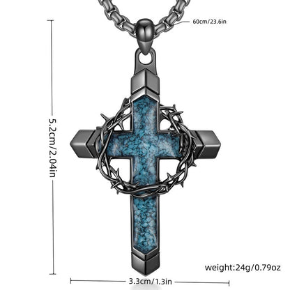 🥳2026 HOT SALE🥳💞50K+ SOLD!✨ 💝  Statement Cross Pendant – Crown of Thorns, Blue Stone Inlay, Vintage Edge 🖤