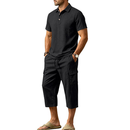 🎉 2026 Sale — Over 73,000 Sold! 👕 Men Summer Linen Set Loose Shirt and Cargo Shorts Two Piece Outfit