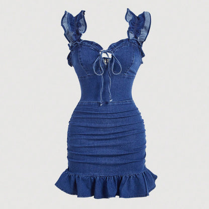 🎉 2026 Sale — Over 34,000 Sold! 👗 Women's Ruffle Strap Ruched Denim Dress – Hourglass Fit 🌸
