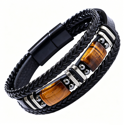 🪨 LIMITED-TIME 50% OFF! 🧵 Braided PU Leather Bracelet for Men & Women – Tiger Eye Stone, Unisex, Layered Design ✨