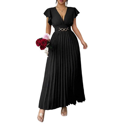 🎉 2026 Sale — Over 35,000 Sold!💃Flowy Pleated Maxi Dress – V-Neck, Ruffle Sleeves, Metal Waistband 🌸