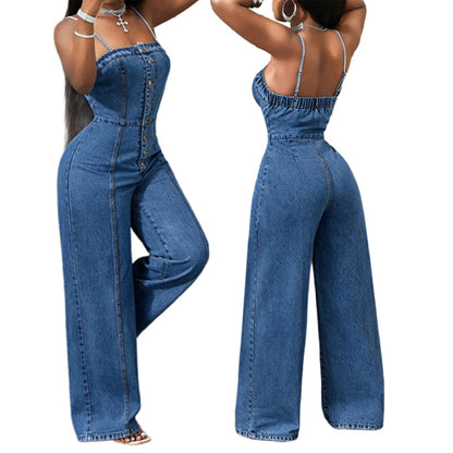 🎉 2026 Sale — Over 38,500 Sold!👖 Women Spaghetti Strap Wide Leg Denim Jumpsuit