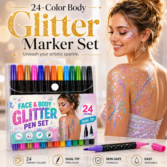 🎉 2026 Sale — Over 19,000 Sold! ✨ 24-Color Glitter Body Marker Set – Dual Tips for Fine Lines & Bold Fill – Shine All Night! 🎨