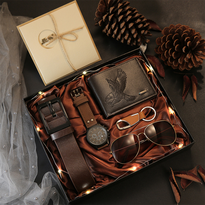 📢📢50% OFF !! ⏰Men's 7‑Piece Gift Set with Watch Wallet Belt Sunglasses Keychai
