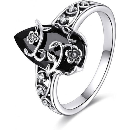 💍 LIMITED-TIME 50% OFF! ⚡ Vintage Floral Black Gemstone Ring – Boho Elegance 🖤