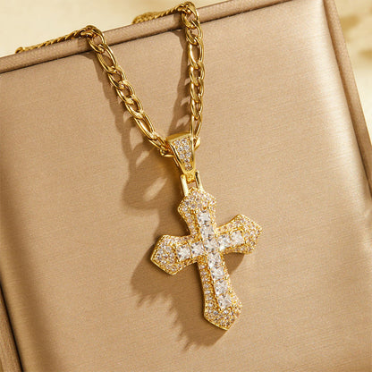 🥷 LIMITED-TIME 50% OFF! ✨ Hip Hop Double-Layer Cross Chain – Baguette Rhinestone, Figaro Links ✨