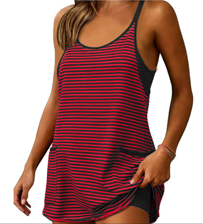🎉 2026 Sale — Over 17,000 Sold! 💞 Striped Tankini Dress with Pockets, High Waist Conservative Swimwear